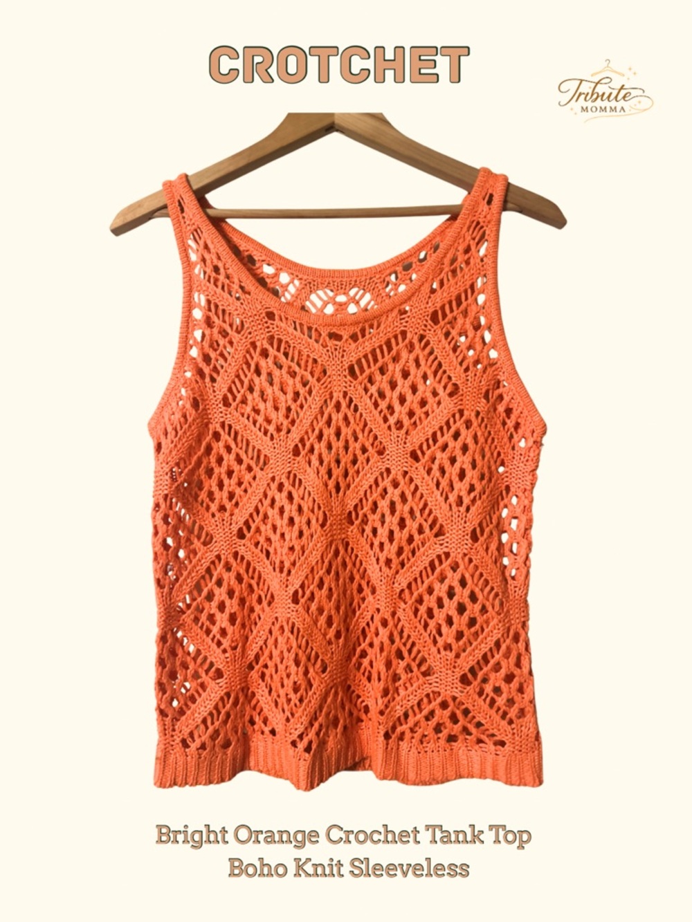 Bright Orange Crochet Tank Top - Boho Knit Sleeveless